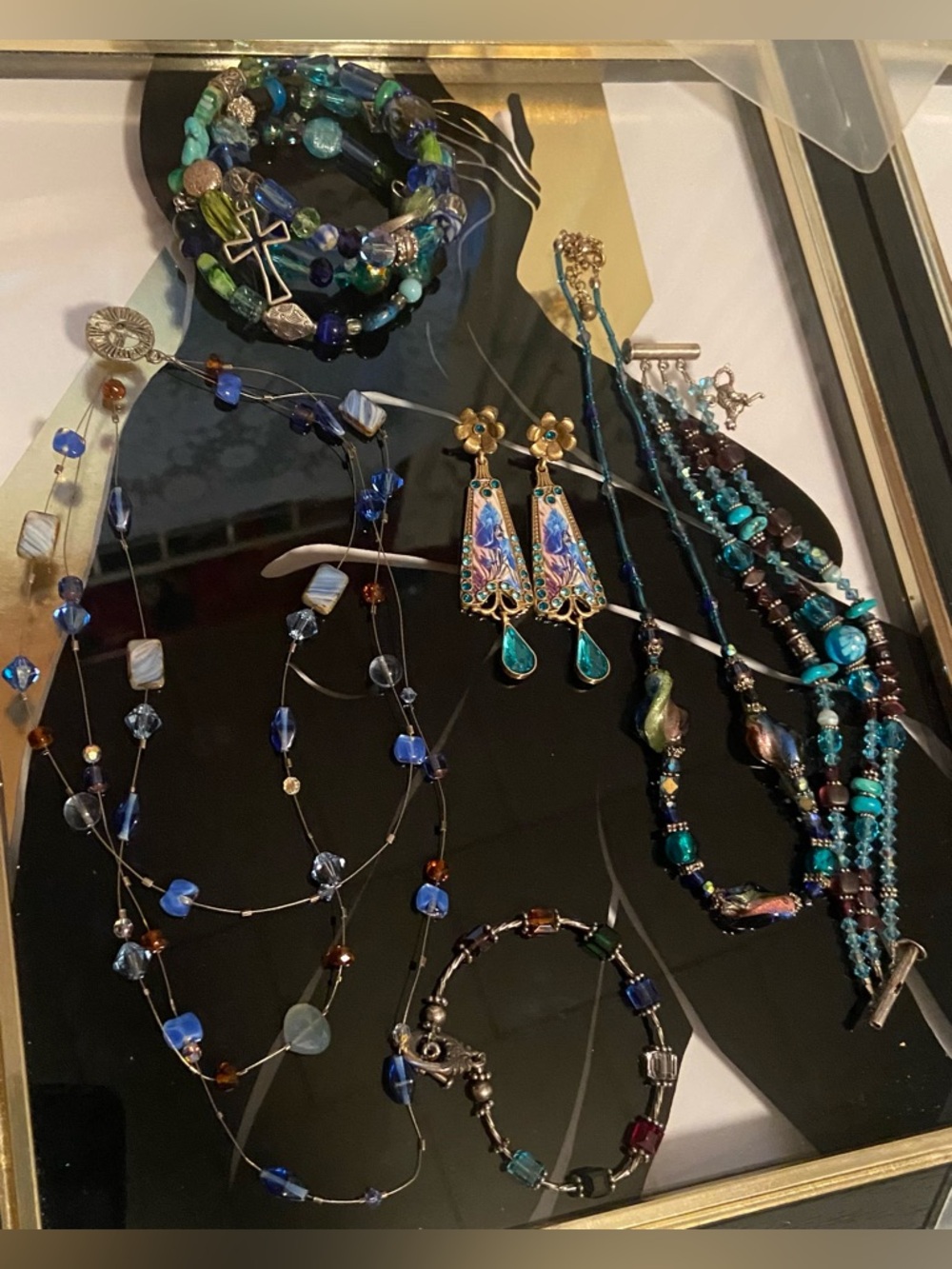 Vintage to Now Blue & Turquoise Jewelry Lot- 2 Necklaces,1Earrings,3Bracelets#17